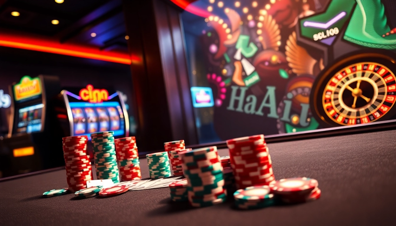 Gambling enthusiasts enjoying a vibrant casino scene featuring hm88 link elements.