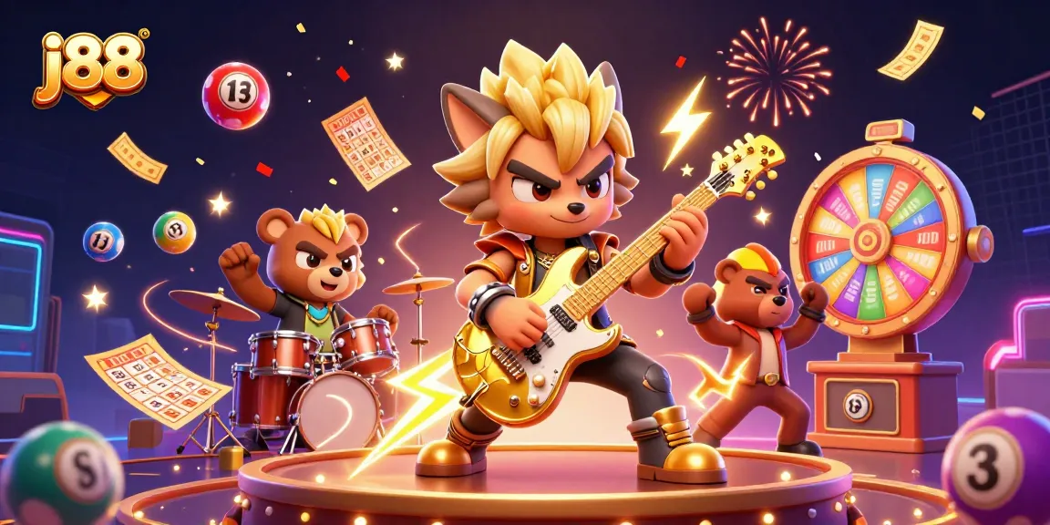 Spin to win with j88 as a rock star wolf rocks the casino stage with vibrant energy.