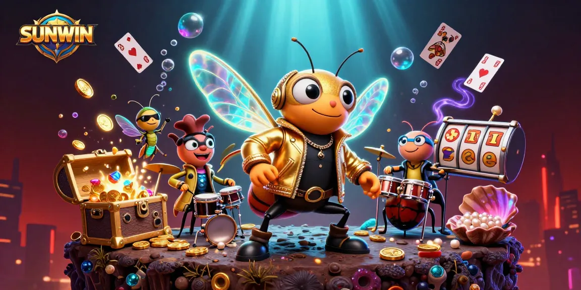 SUNWIN features an engaging 3D cartoon scene with a cicada rock star attracting players with colorful slot reels.