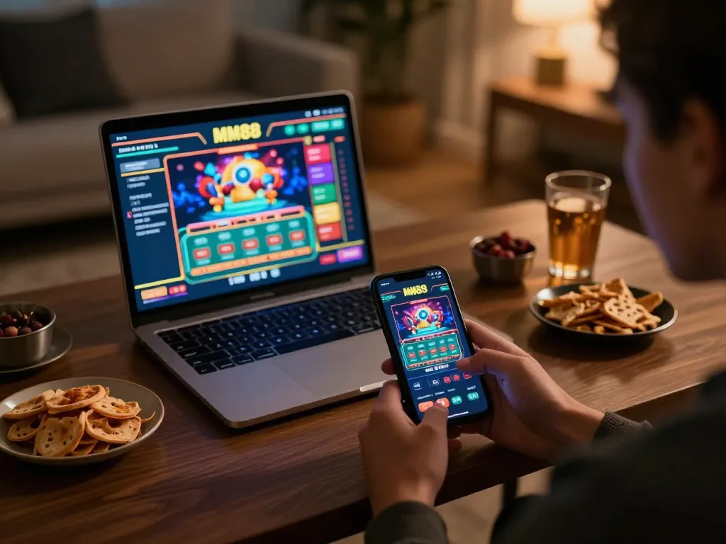 Engaged player enjoying the MM88 gaming app in a cozy home setting, emphasizing online gambling thrills.