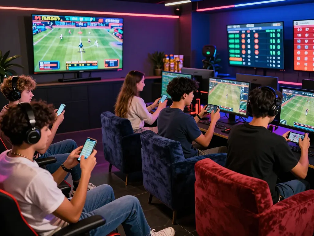 Exciting gaming atmosphere showing players engaged with GO8 LINK on smartphones and large screens displaying live betting.