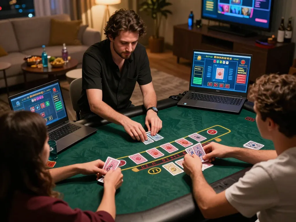 92SLOT players engaging with a live dealer at a virtual blackjack table in a cozy home setting.