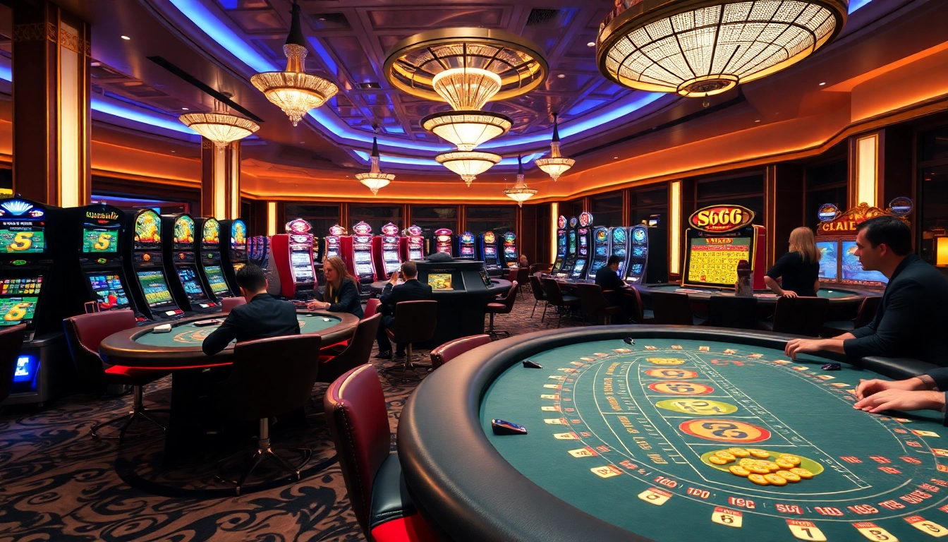 S666 casino scene with luxurious poker tables and vibrant slot machines, showcasing thrilling gambling experiences.
