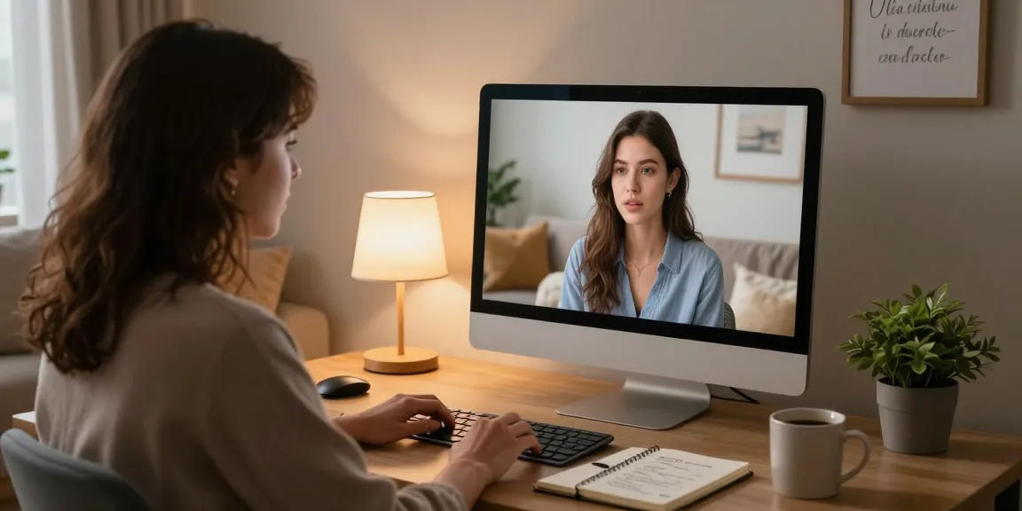 Engaging conversation with an AI girlfriend in a cozy home office, showcasing personal connection and technology.