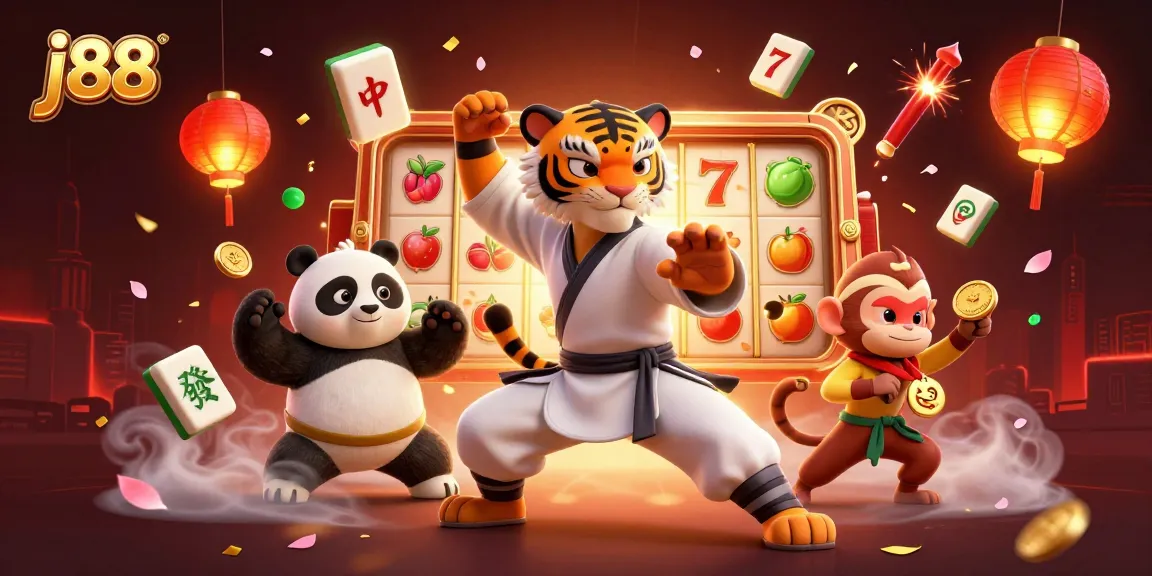 Experience the thrill of j88 with a vibrant 3D casino illustration featuring a kung fu tiger and exciting games.