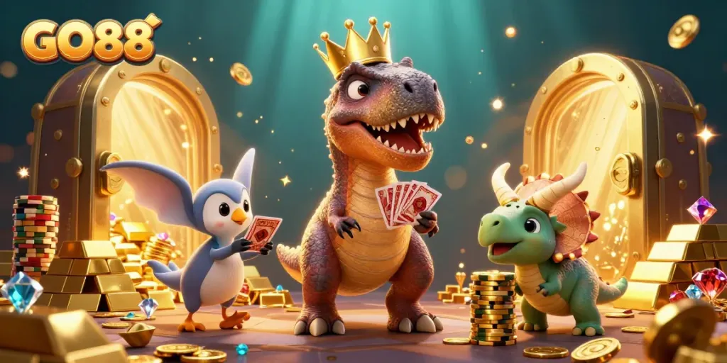 Engage in thrilling gameplay at GO88 while a friendly T-Rex shuffles cards next to gleaming treasures.