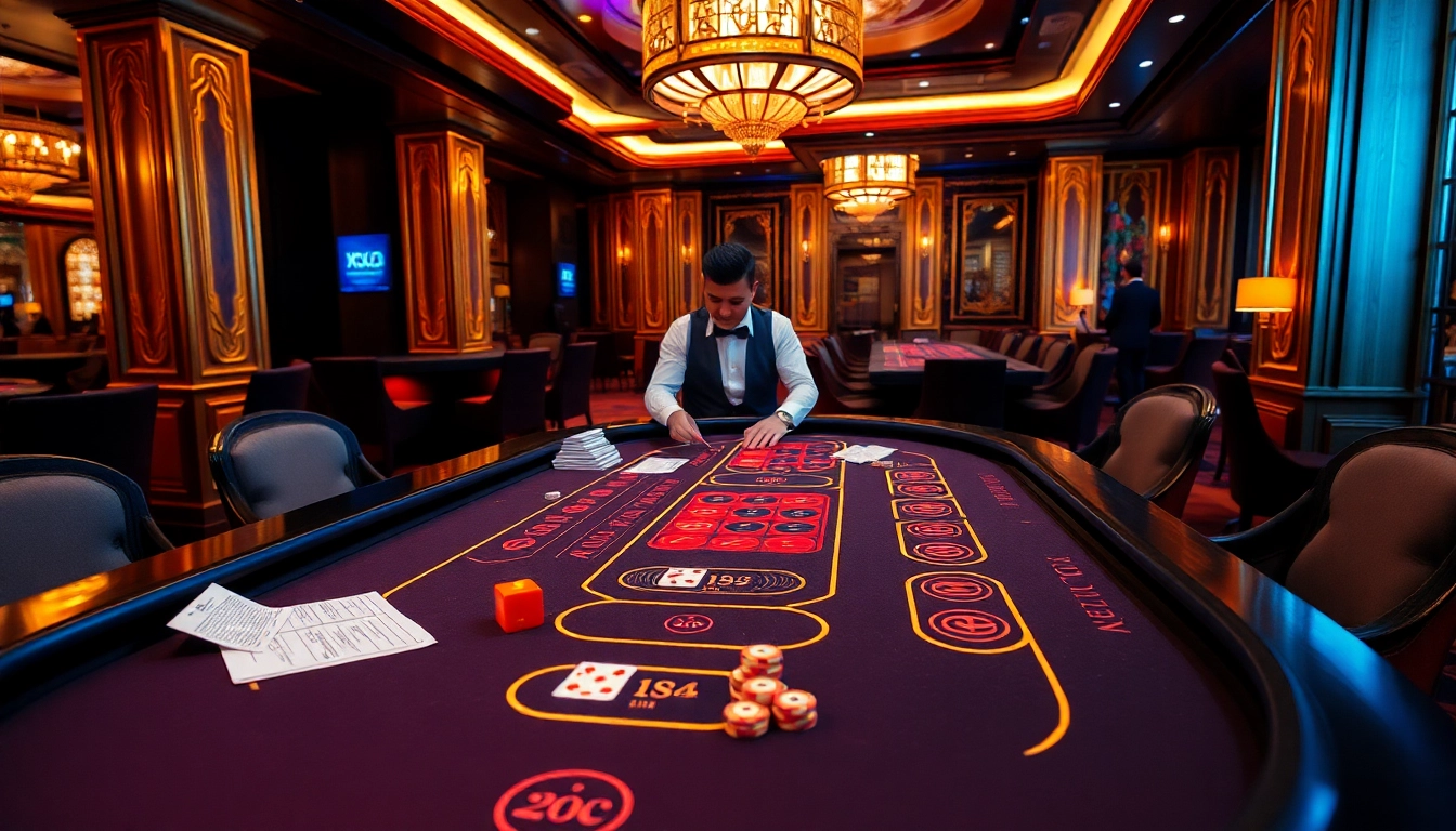 Chơi Xóc Đĩa Tránh Rủi Ro with a professional dealer at an elegant gaming table in a vibrant casino.