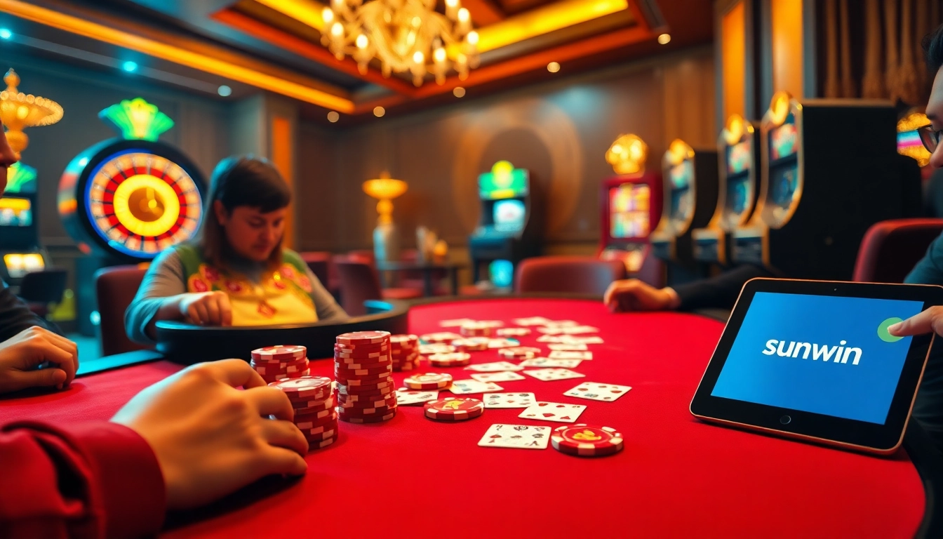 Engaged players at a poker table strategizing with sunwin chips amidst a luxurious casino atmosphere.