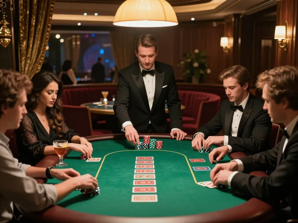 Engage in high-stakes poker at one88, featuring stylish gameplay with players and dealer in action.