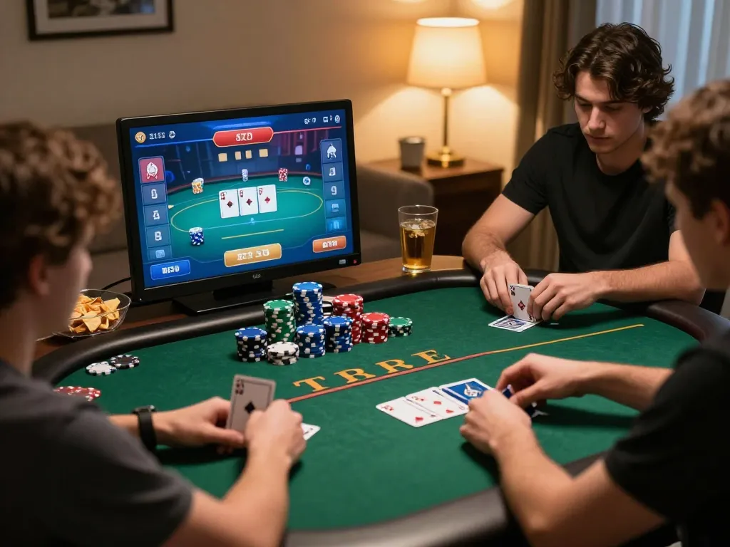 Players engaged in an online poker game with LC88's vibrant interface, showcasing strategy and excitement.