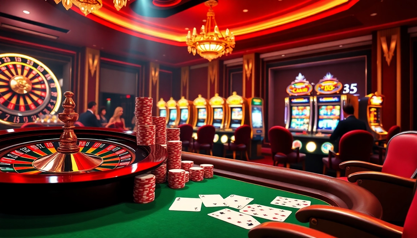 Players enjoying a luxurious casino experience featuring https://da88j.com/ with roulette wheels and poker chips.