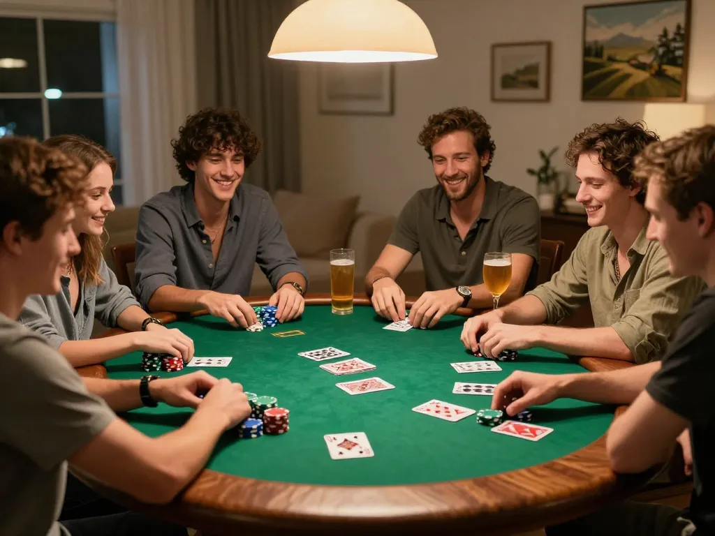 Friends enjoying a lively poker night featuring 78winvina chip stacks and cards, capturing the essence of competitive fun.