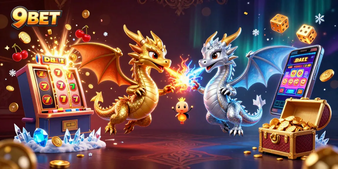 Experience the thrilling world of 9BET with dynamic dragons, vibrant casino elements, and a jackpot explosion.