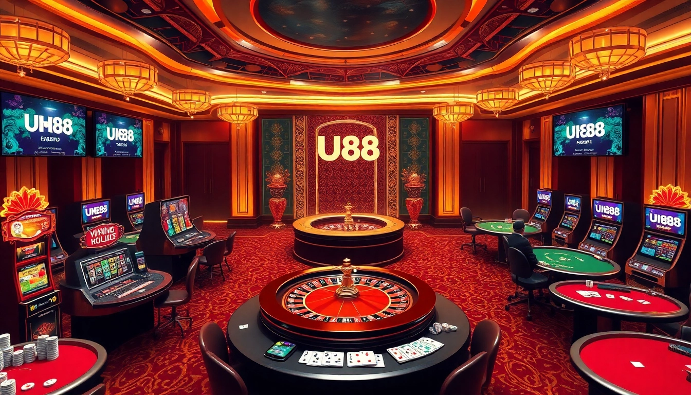 Experience gaming excitement at uu88 trang chủ with an immersive casino scene showcasing roulette, poker, and slots.