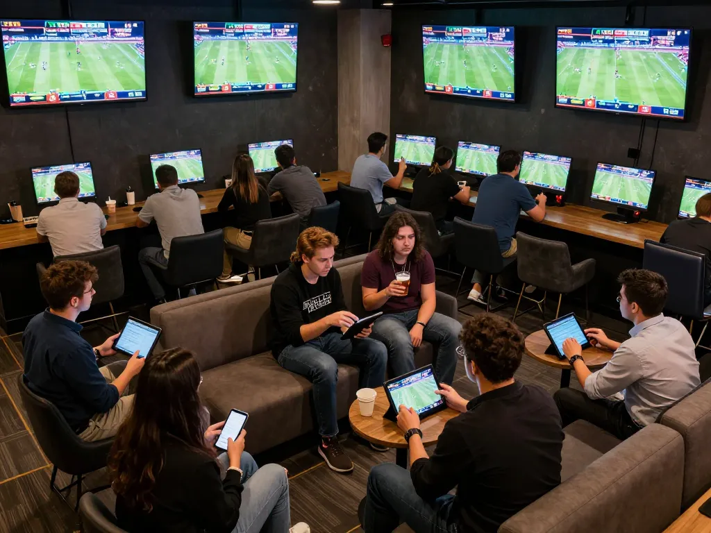 Nhận định kèo in a lively sports betting lounge with fans engaged in strategic discussions and live games.