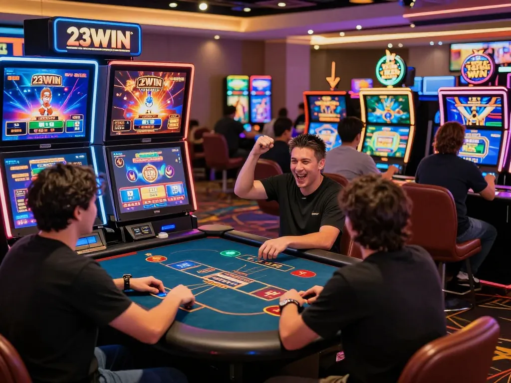 Exciting game players at 23win's online casino, showcasing vibrant atmosphere and engaging gameplay.