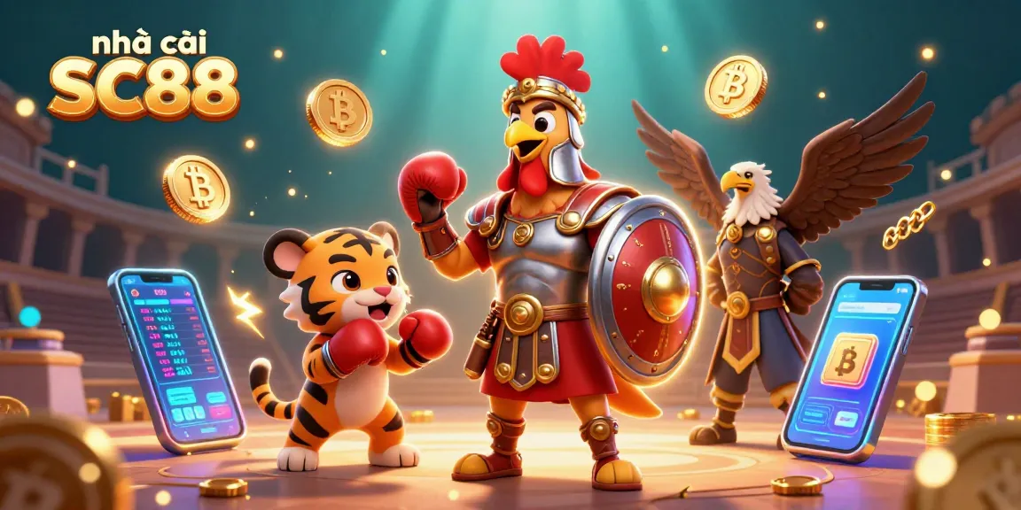 Play with nhà cái SC88 in an intense casino scene featuring animated heroes battling for victories.