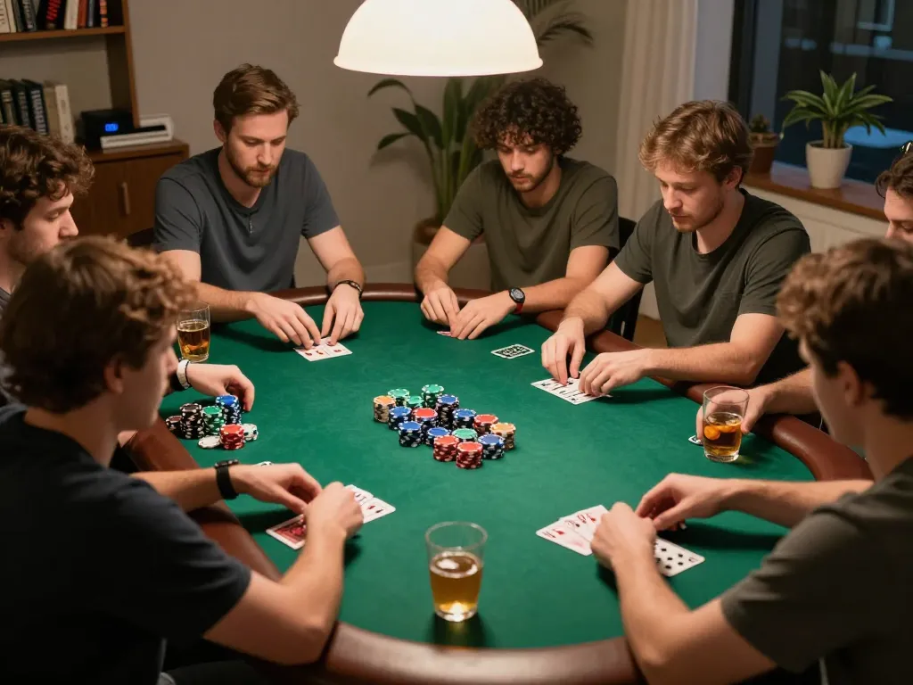 Tỷ lệ kèo trực tuyến showcased at a lively home poker night, with players engaged and vibrant chips visible.