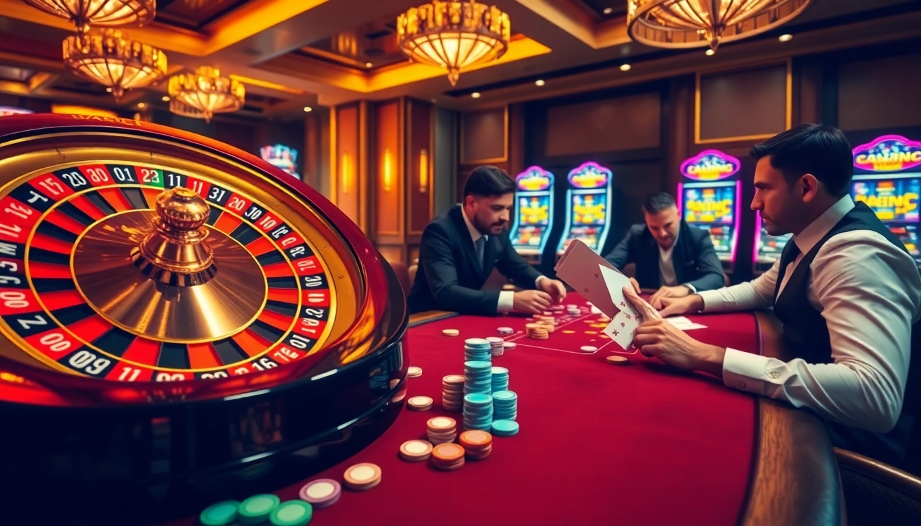 Experience excitement at https://hb88hz.club/ with a luxurious casino scene featuring roulette and poker tables.
