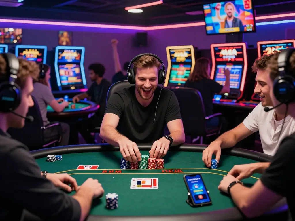 Players celebrating a win at gem88 online casino with lively gaming atmosphere and neon lights.