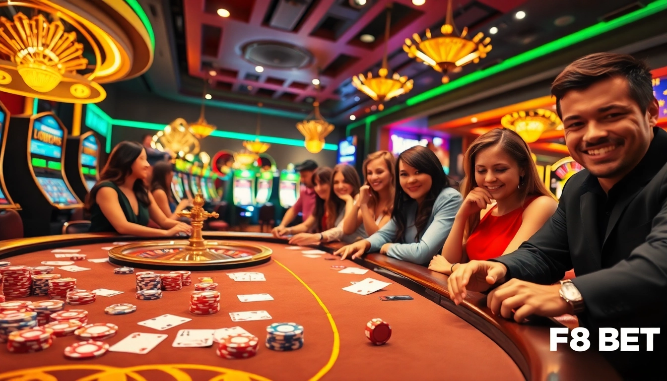 Experience the excitement of F8 BET with vibrant casino games, poker chips, and engaging players.