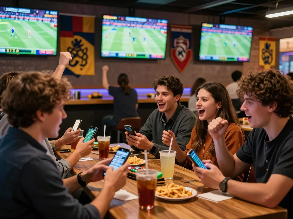 Fans enjoying sports betting at Thabete while analyzing odds on their smartphones.