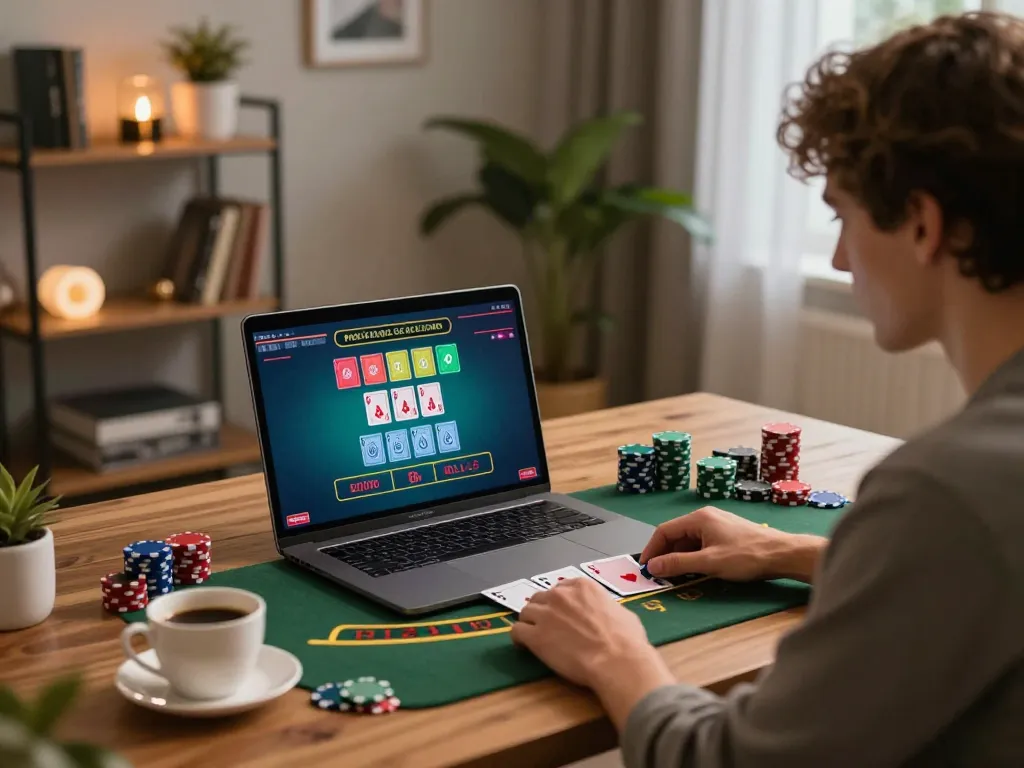 Player engaging in strategic Blackjack gameplay on u888 platform from a cozy home office.