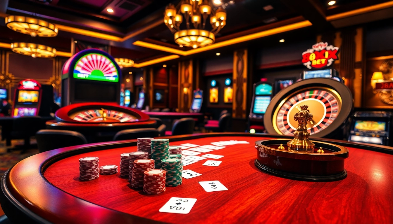 88XX BET gameplay featuring vibrant casino tables, poker chips, and a thrilling roulette wheel.