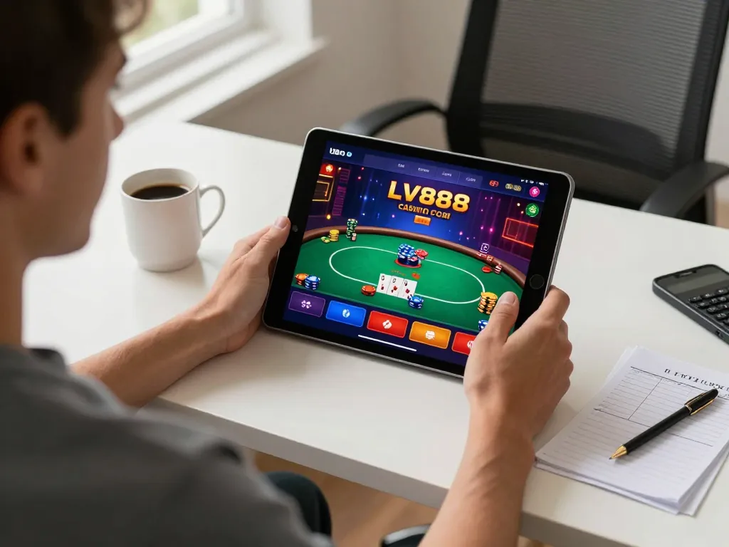Player enjoying LV88 casino app on tablet during an online poker game, showcasing dynamic gameplay and responsible gaming