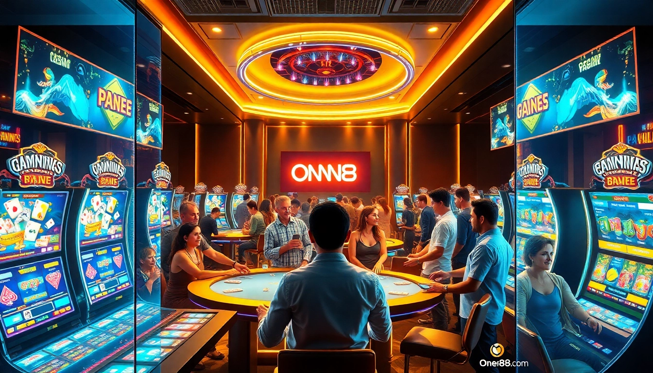 Discover the exciting gaming atmosphere at onew88.com, featuring vibrant casino scenes and diverse players.