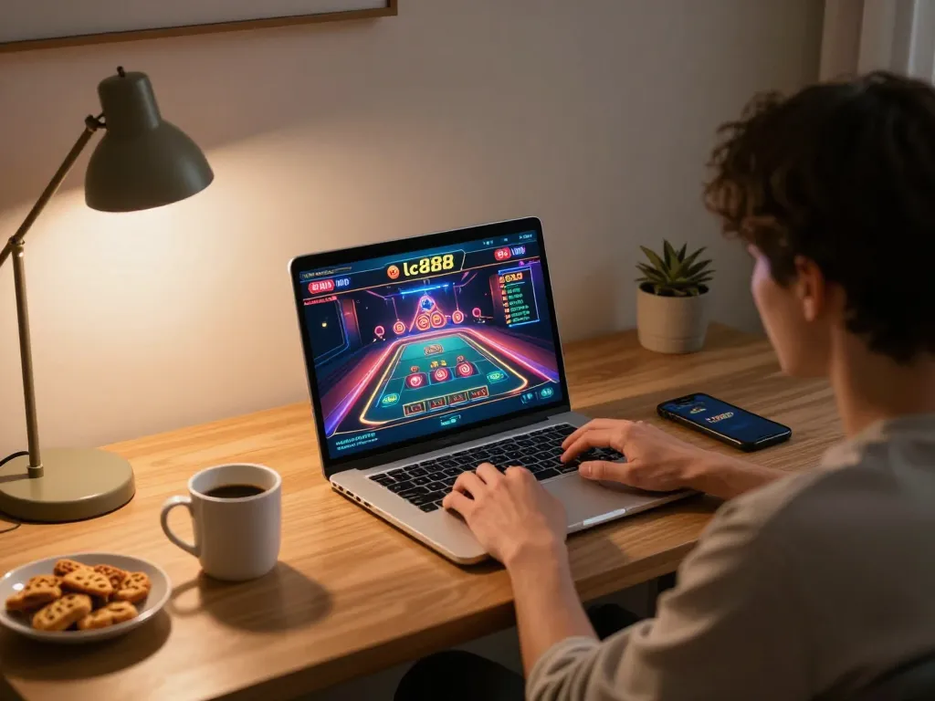 Engaging gameplay at casino lc88 with a player using a laptop and smartphone in a cozy setting.