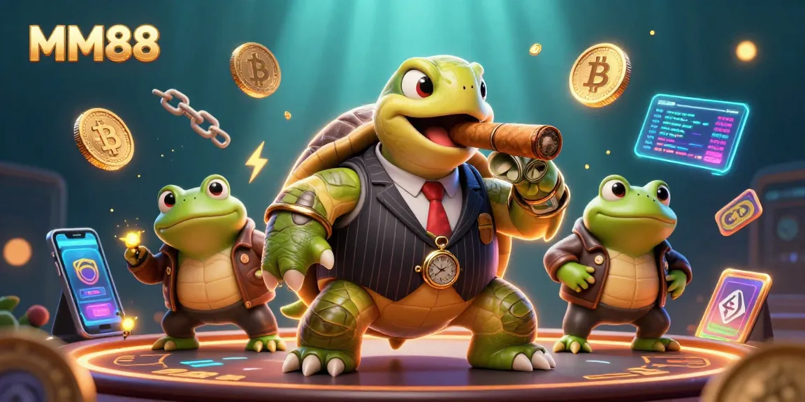 Experience the thrill of MM88 gaming with a 3D mobster turtle and bullfrog enforcers under vibrant lights.