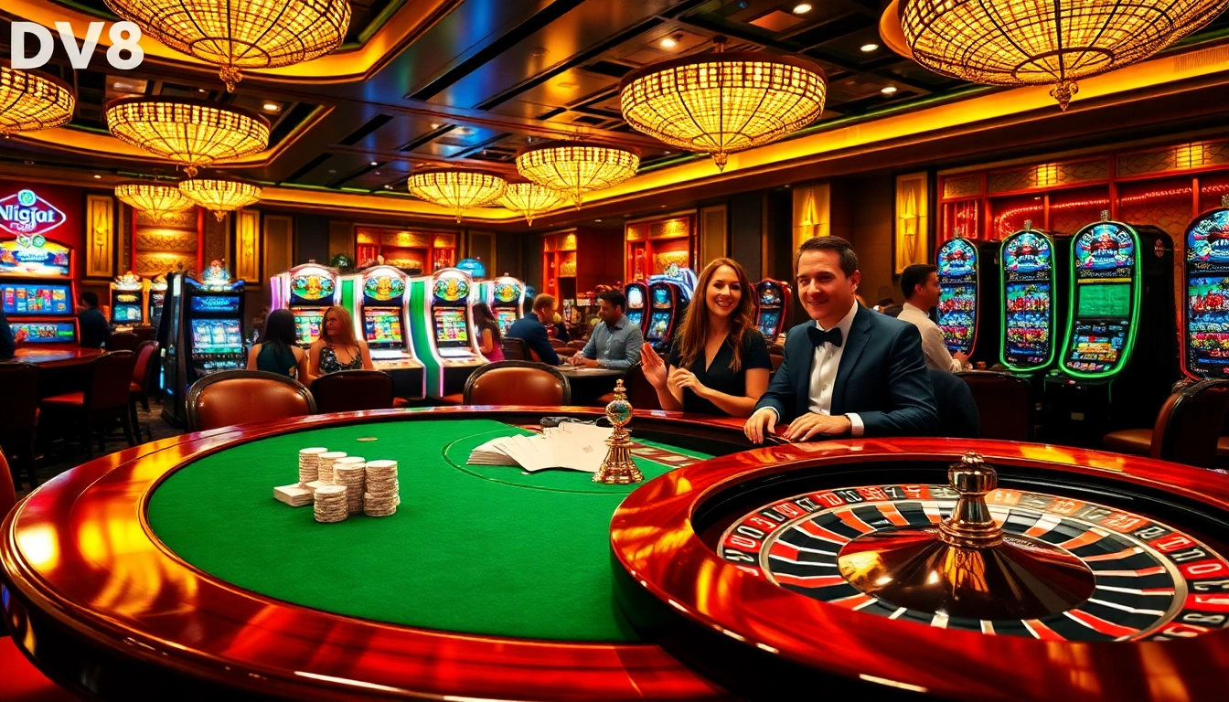 Excited players engage in thrilling games at DV88's luxurious casino, featuring vibrant slots and poker tables.
