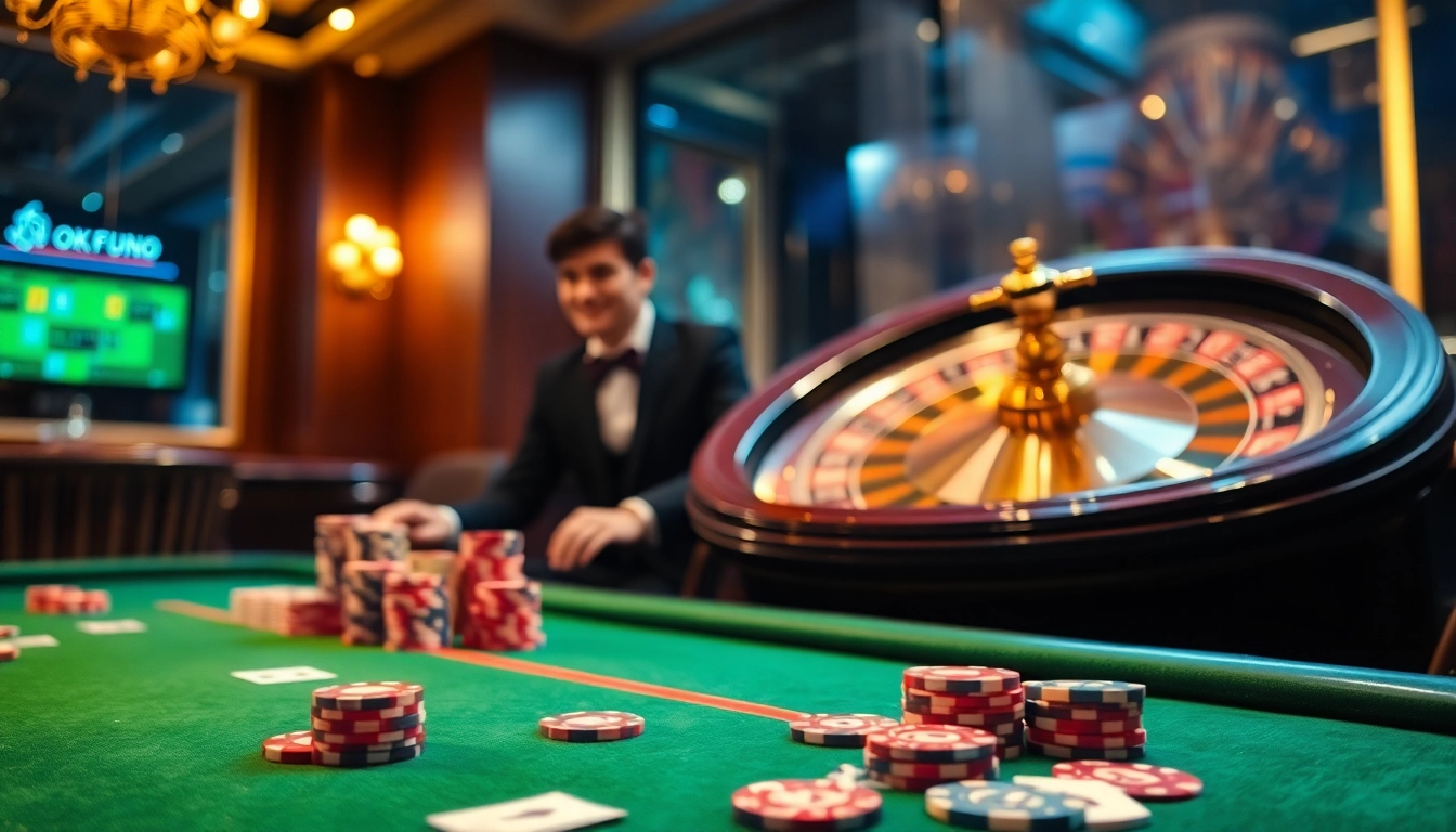 Experience the thrill of OKFUN with an exciting casino scene showcasing poker tables and roulette wheels.