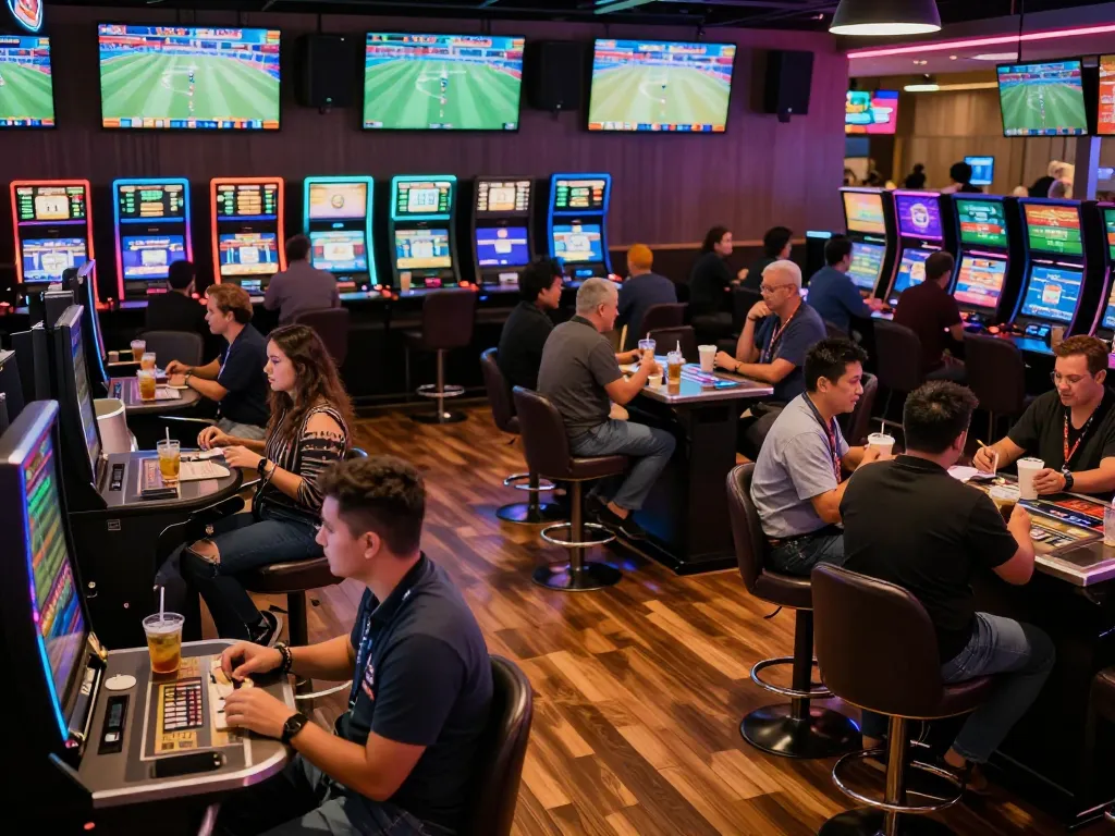 Sin88 sports betting excitement with bettors analyzing odds on screens