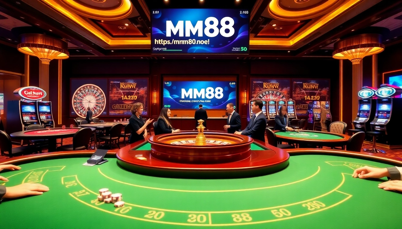 Players enjoying the excitement of casino games at https://mm88.moe/, with vibrant gaming tables and roulette.