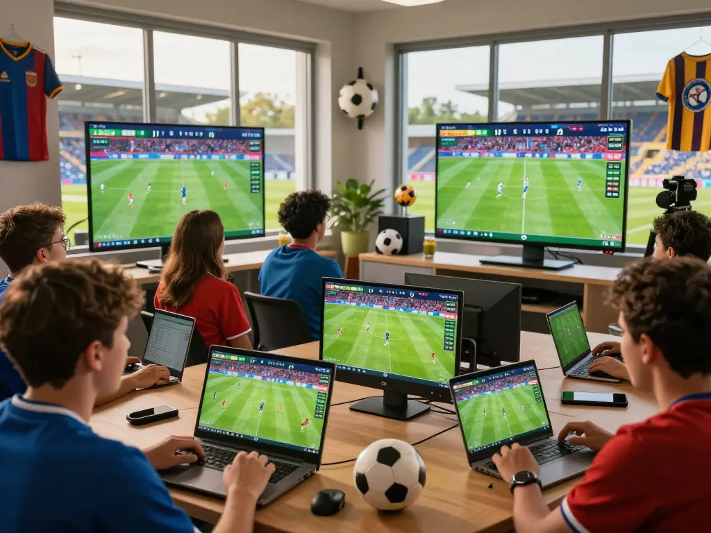 Fans engaging with 7m live football scores and match information in an energetic sports hub.