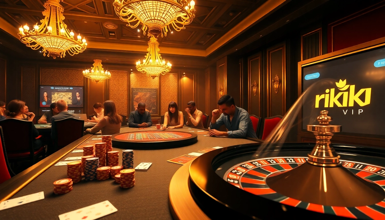 Engaging scene at a luxurious rik vip casino table with vibrant poker chips and cards.