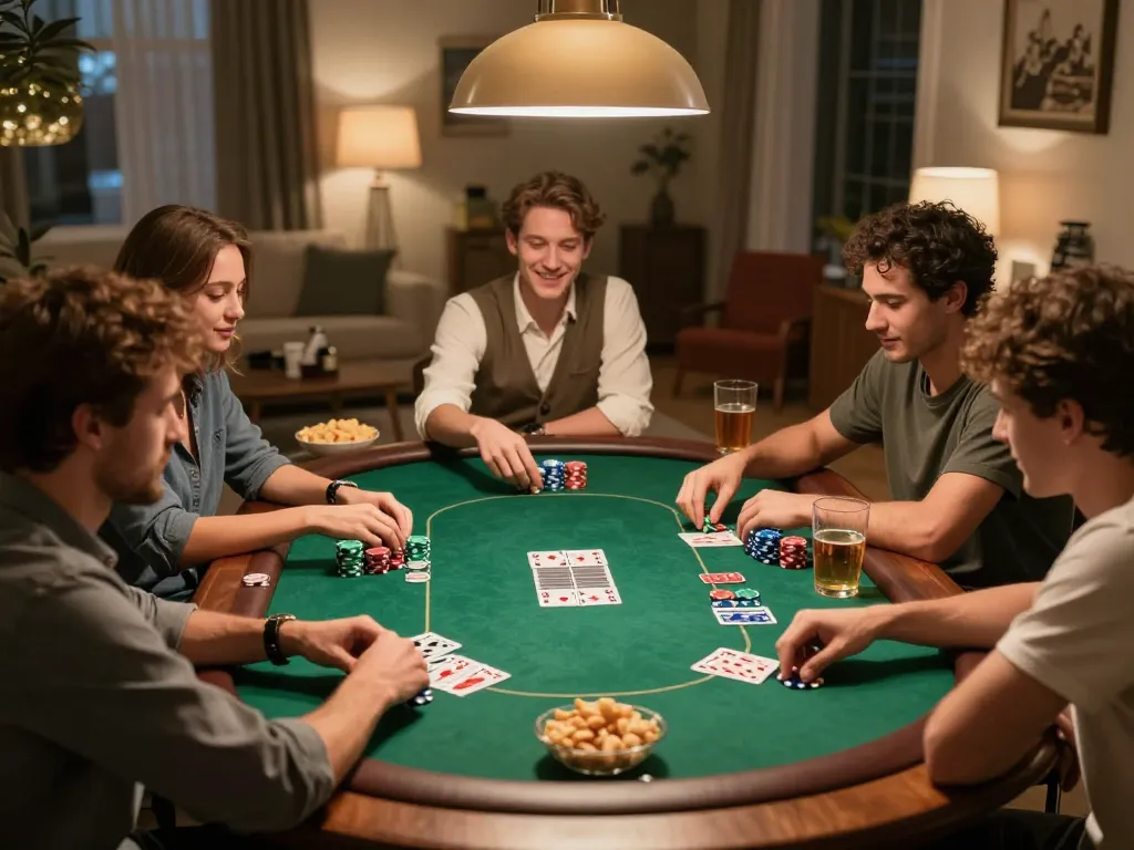F8BET players enjoying a friendly poker night at home with cards and chips
