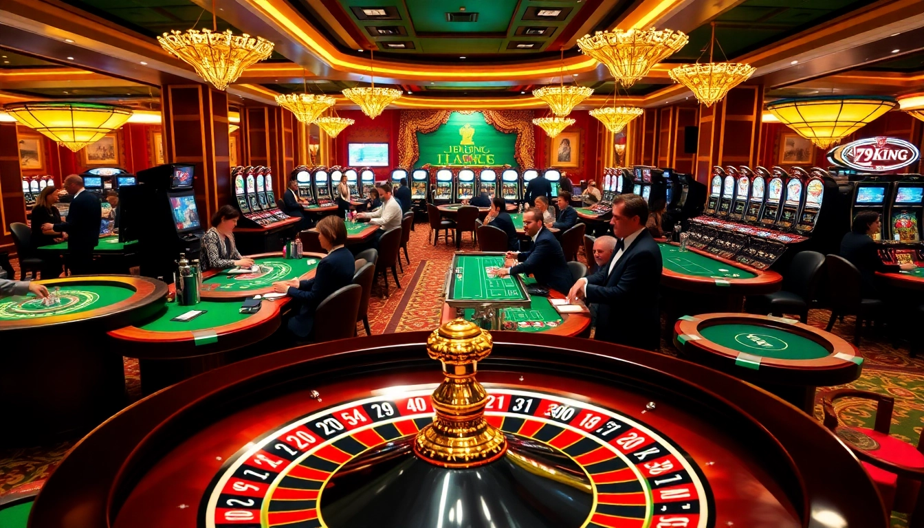 Experience the excitement of betting at 79KING's vibrant casino tables with players and action.