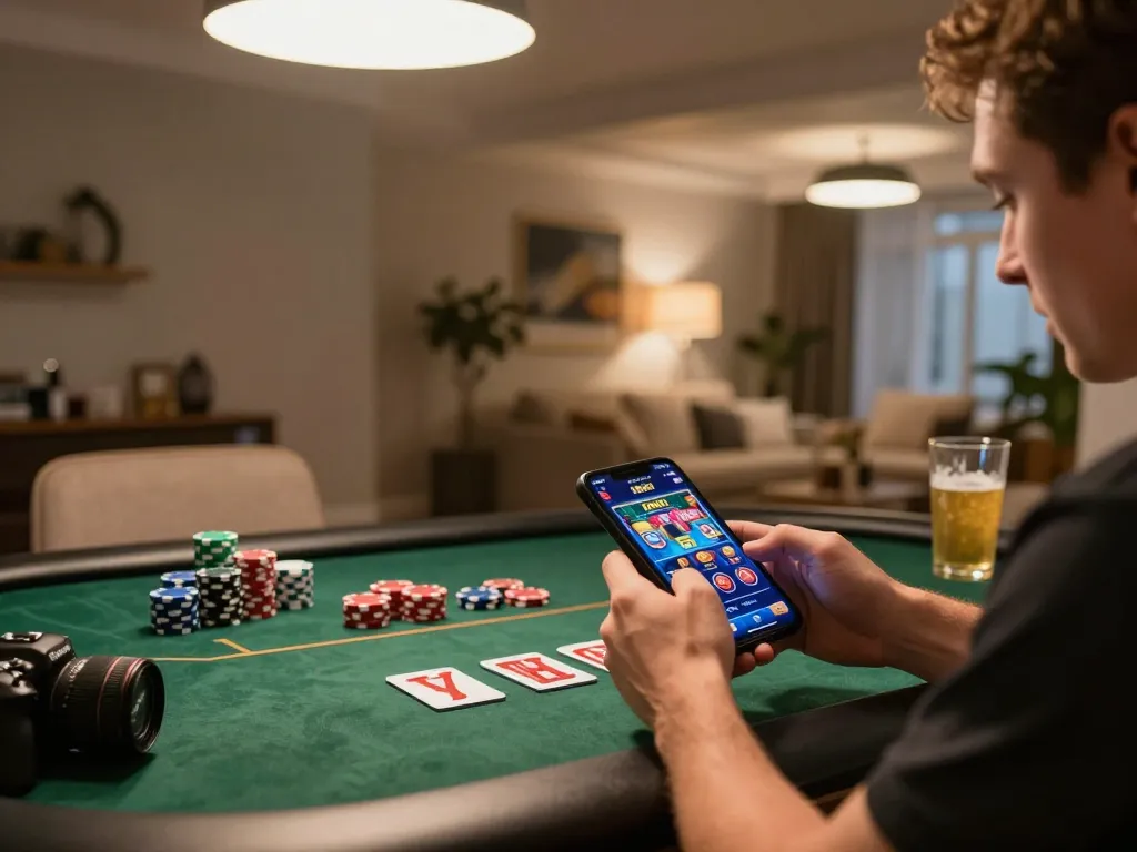 Player enjoying RR88 mobile casino app, engaged in responsible gaming at home.