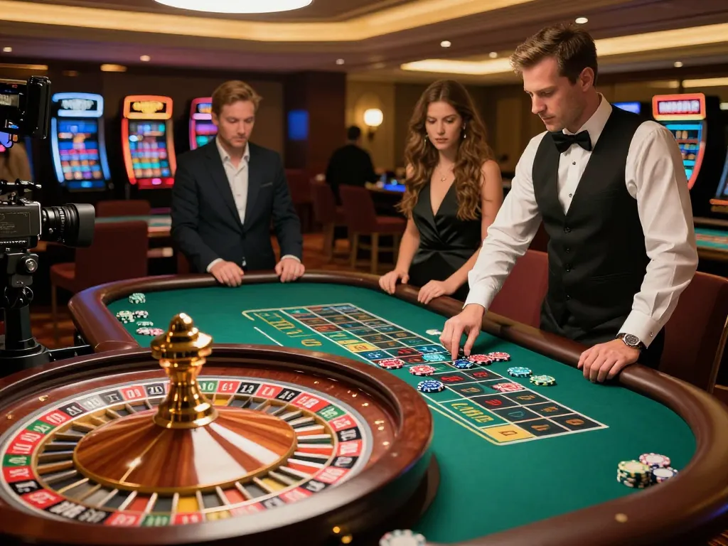 Players placing bets at nhà cái 789WIN roulette table, vibrant atmosphere with dealer spinning wheel