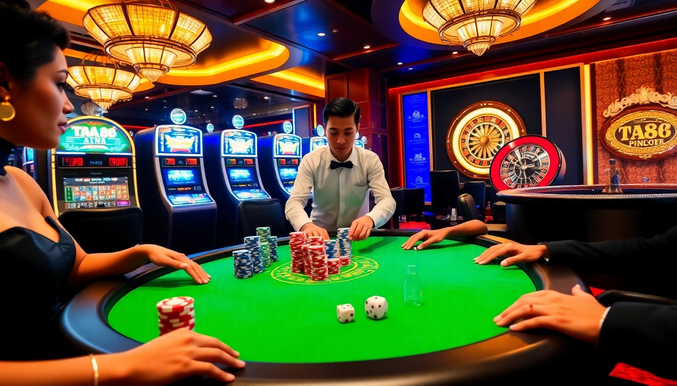 Experience high-stakes gambling with TA88 at a luxurious casino table filled with poker chips.