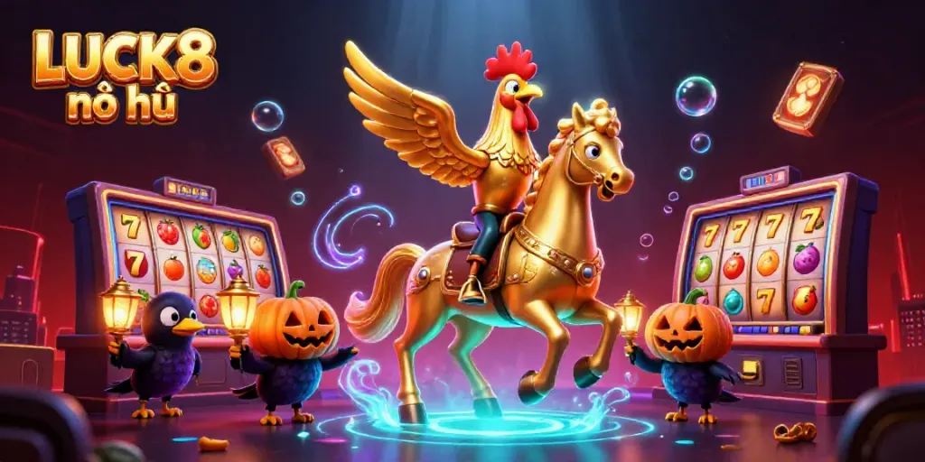 Experience the thrill of LUCK8 nổ hũ with a golden rooster hero in a vibrant casino scene featuring slot reels and jackpot excitement.