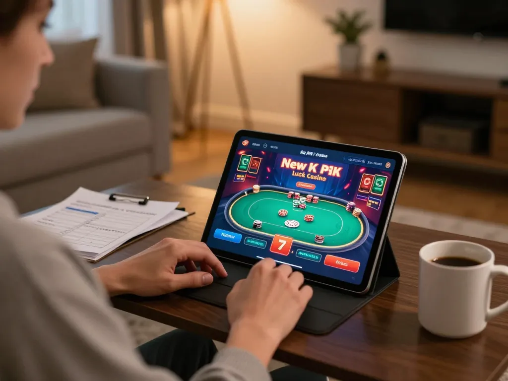 Engaging with new pk luck online poker game on a tablet, illustrating home gaming excitement.