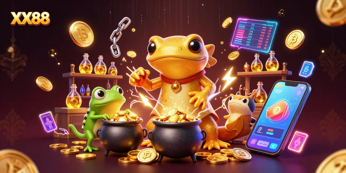 Experience the thrill of gaming with XX88, featuring a vibrant scene of gold transmutation and cryptocurrency elements.