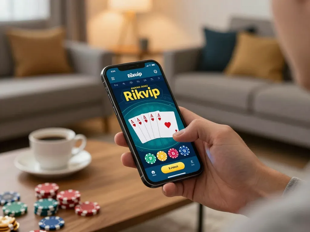 Player engaging with the Rikvip app in a cozy home setting while managing bets responsibly