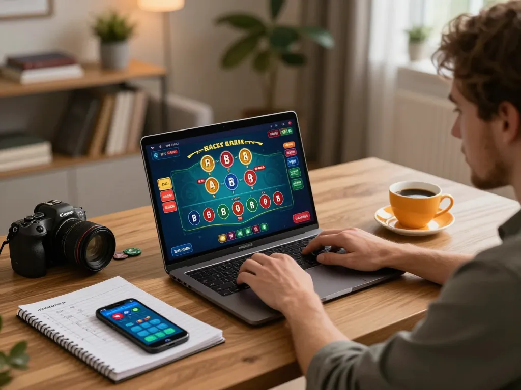 Player engaged in baccarat on laptop at home, showcasing alc88 gaming strategy in action