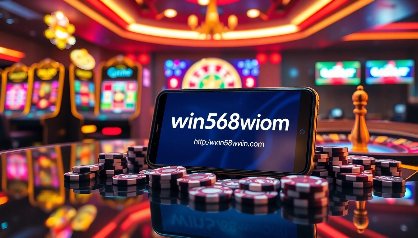 Engaging gamblers at https://win58win.com/ with a luxurious casino scene featuring modern slot machines and roulette wheels.