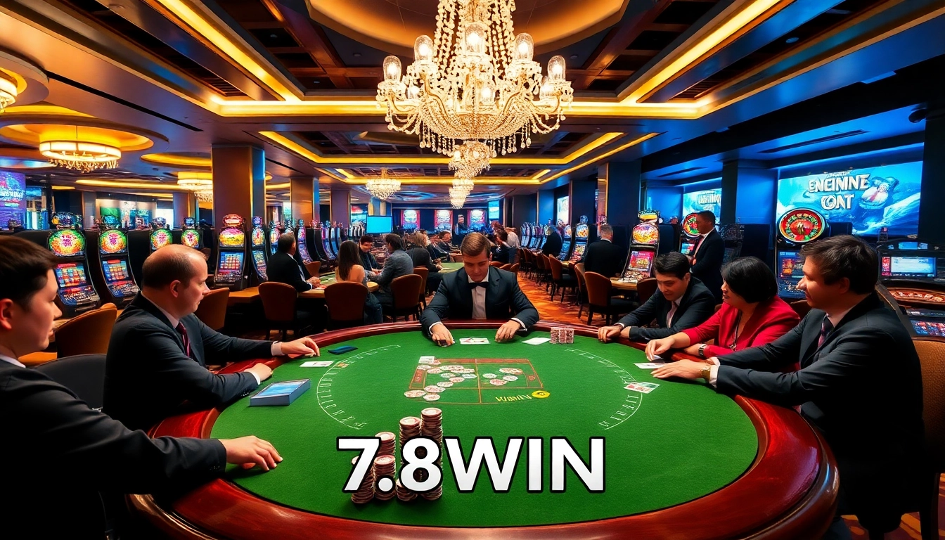 Thrilling poker game scene at 78WIN Casino with vibrant chips and cards.